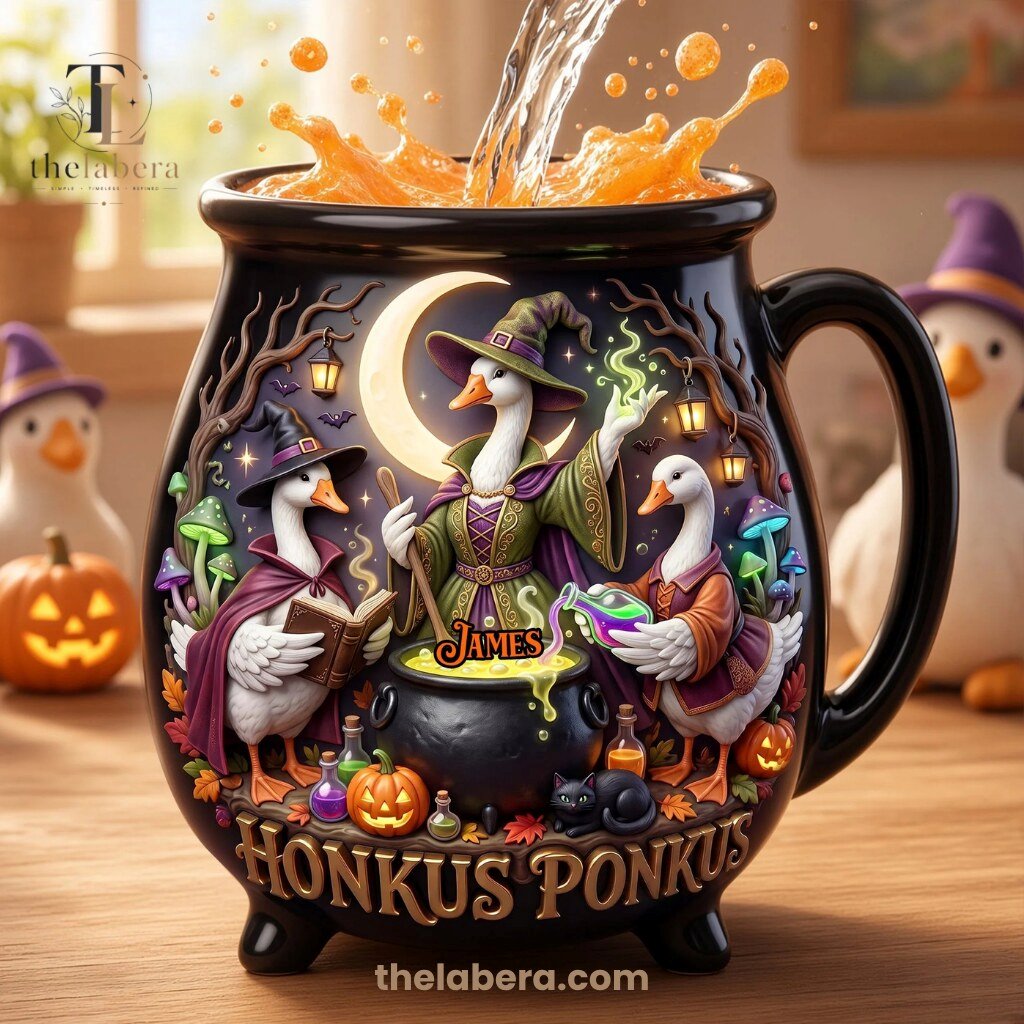 The Labera Honkus Ponkus Wizard Geese Cauldron Mug Black 11 Black ceramic cauldron mug with wizard and white geese characters, Honkus Ponkus design, personalized name banner, Halloween potion bottles and pumpkins