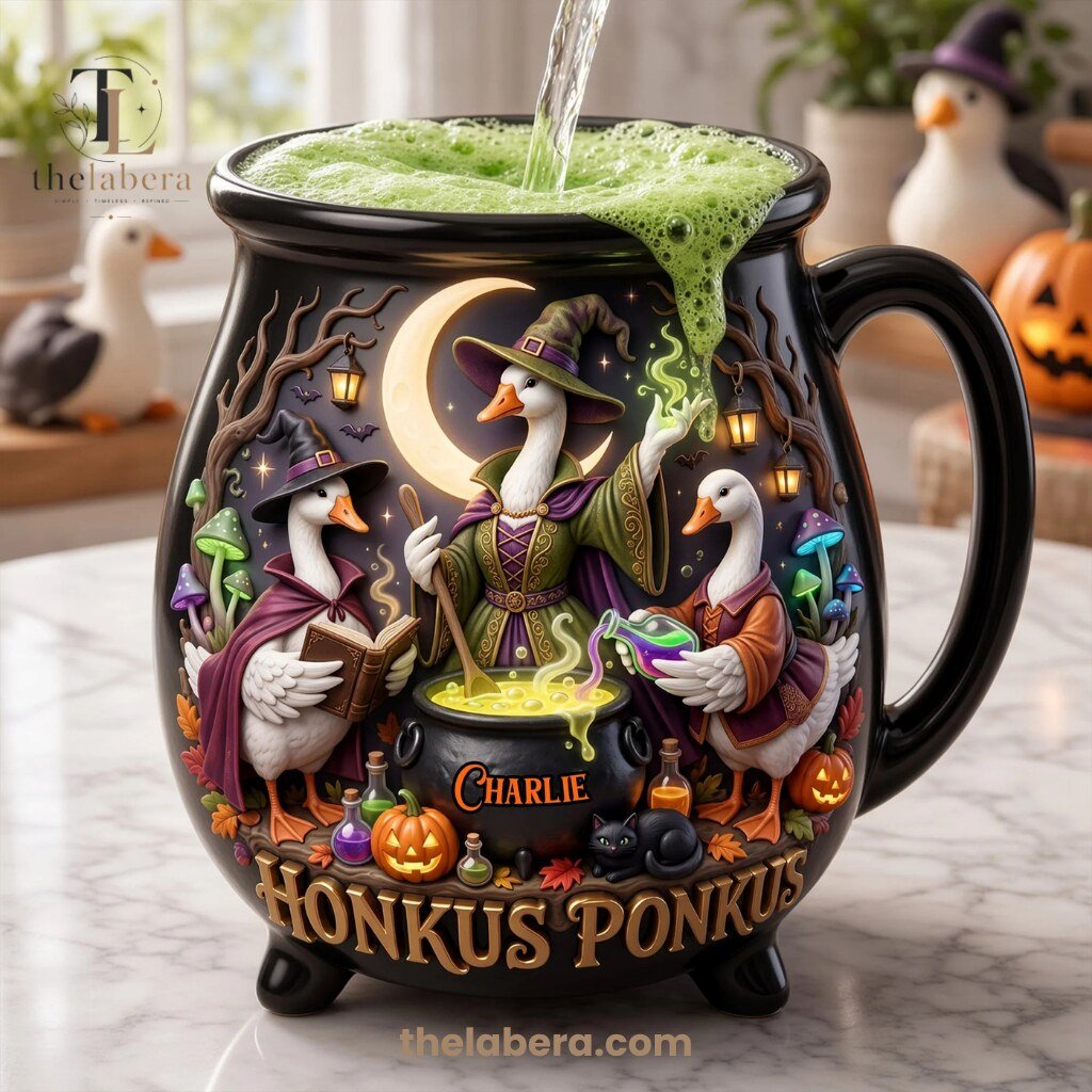 The Labera Honkus Ponkus Wizard Geese Cauldron Mug Black 12 Black ceramic cauldron mug with wizard and white geese characters, Honkus Ponkus design, personalized name banner, Halloween potion bottles and pumpkins