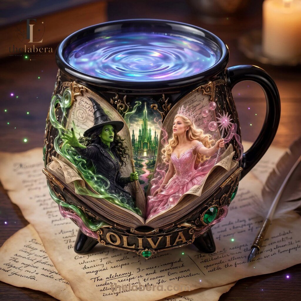 The Labera Olivia Wicked Mug Color Changing Black 10 Black ceramic cauldron mug with Wicked story design, color-changing rim creating blue purple pink swirl effect and emerald gemstone details