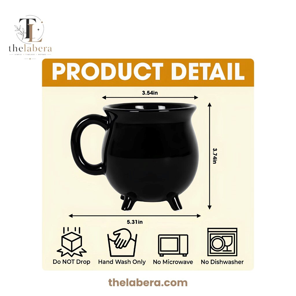 The Labera Olivia Wicked Mug Color Changing Black 11 Black ceramic cauldron mug with Wicked story design, color-changing rim creating blue purple pink swirl effect and emerald gemstone details