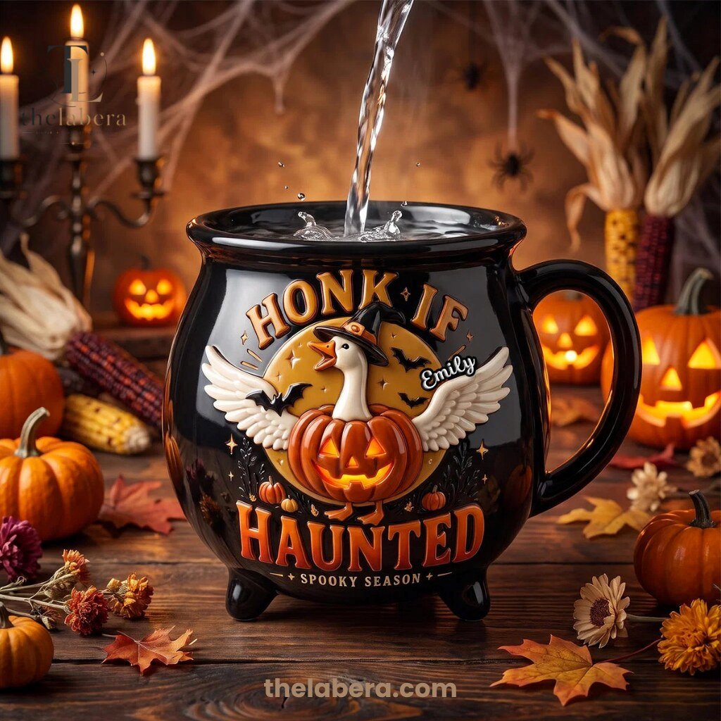 The Labera Emily Honk If Haunted Goose Cauldron Mug Black 10 Black ceramic cauldron mug with winged goose in witch hat standing on glowing jack-o-lantern, Honk If Haunted design, personalized name emily, spooky season