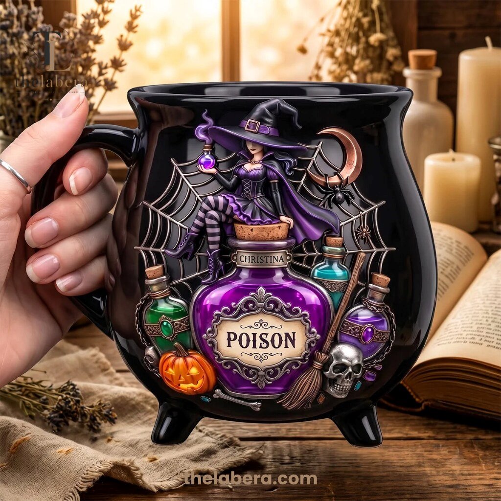 The Labera Christina Poison Cauldron Witch Mug Black 10 Black ceramic cauldron mug with purple witch character potion bottles and glowing poison cauldron, personalized name Christina, spiderweb and crescent moon