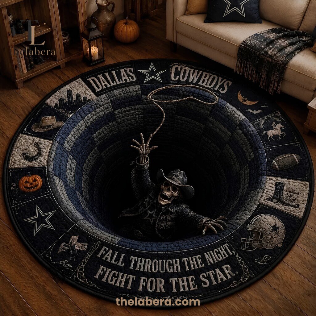 Dallas Cowboys Halloween Round Area Rug Navy Silver Skeleton Cowboy Design