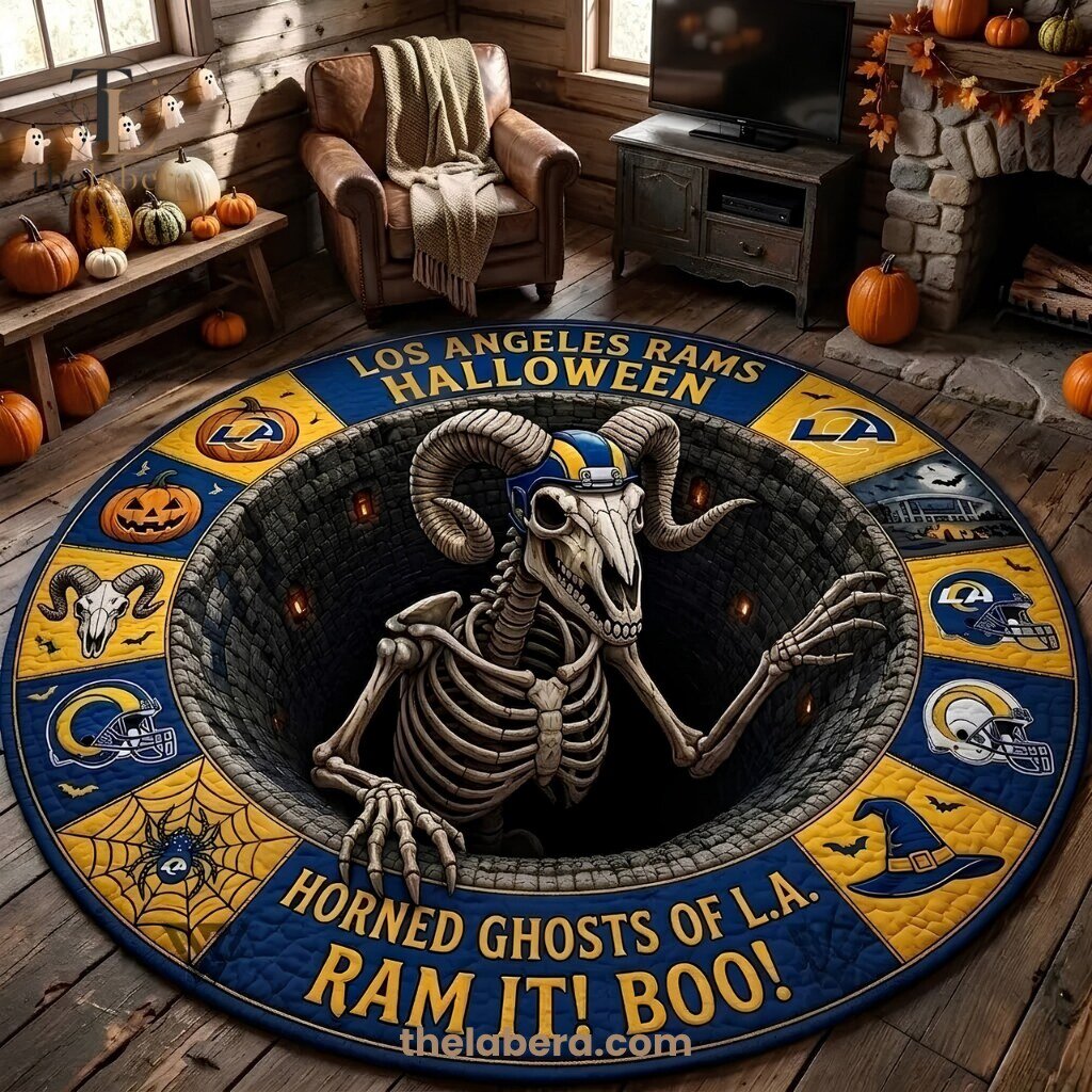 Los Angeles Rams Halloween Rug Skeleton Ram Horns Gold Navy Blue