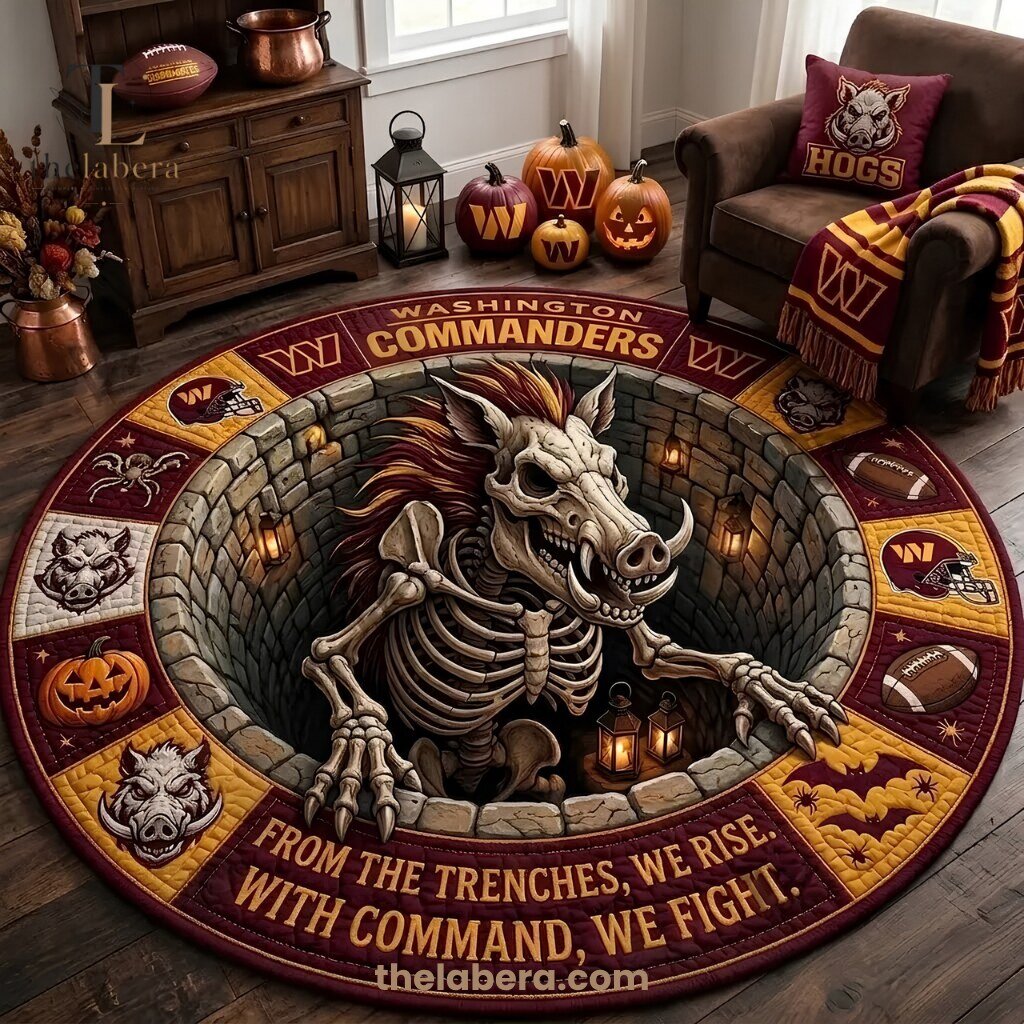 Washington Commanders Halloween Rug Skeleton Demon Maroon Gold Axe