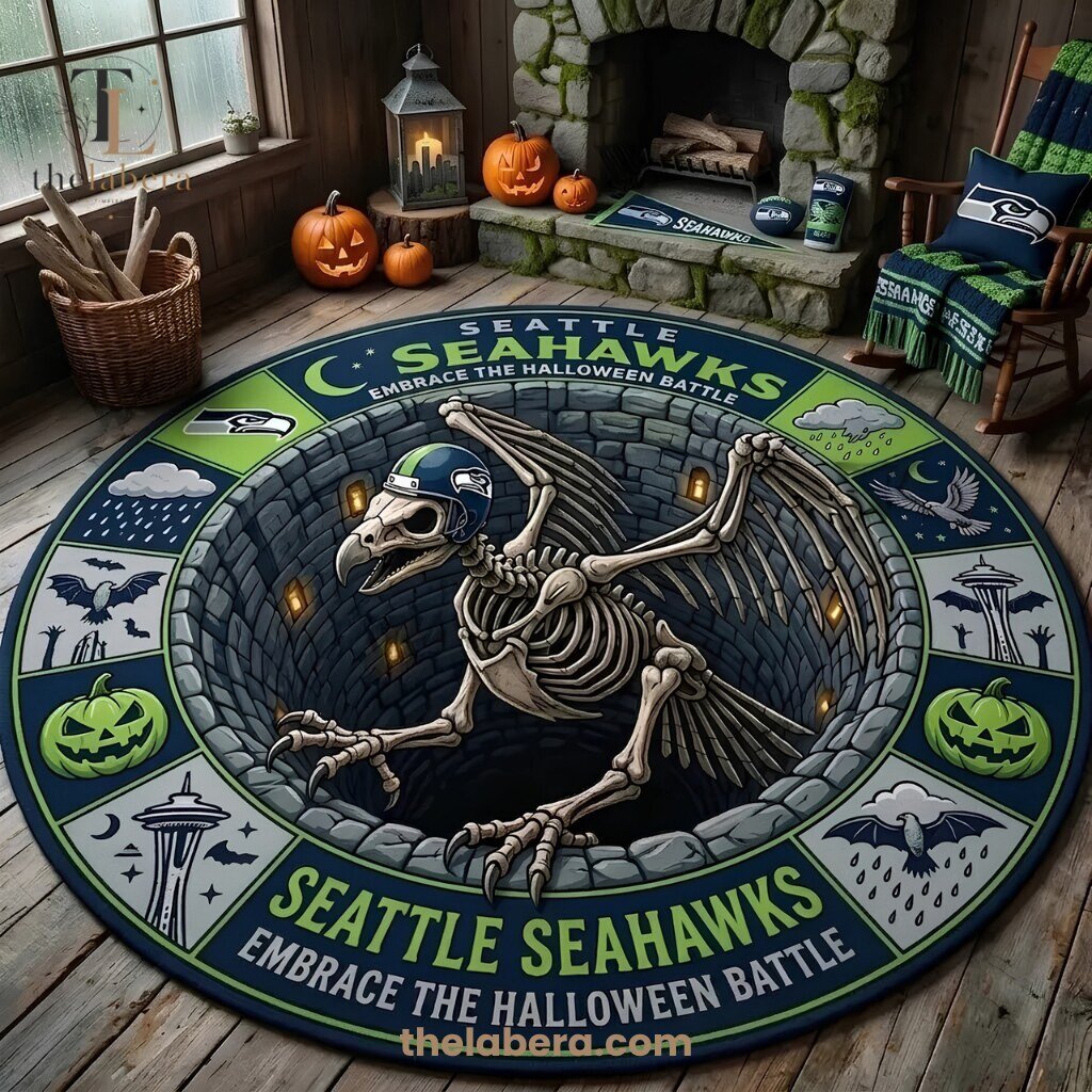 Seattle Seahawks Halloween Rug Skeleton Hawk Wings Navy Lime Green