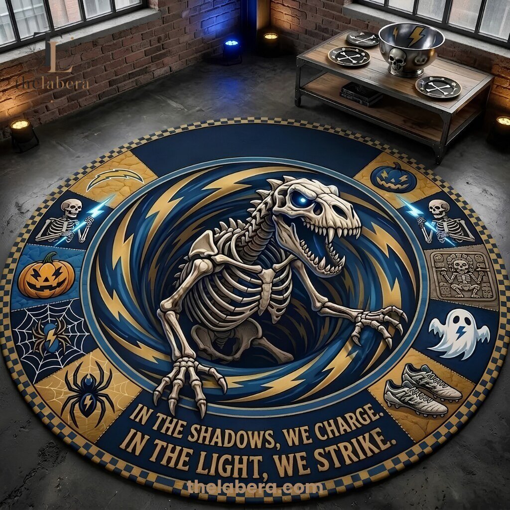 Skeleton Dinosaur Halloween Rug Lightning Navy Gold Thunder Strike