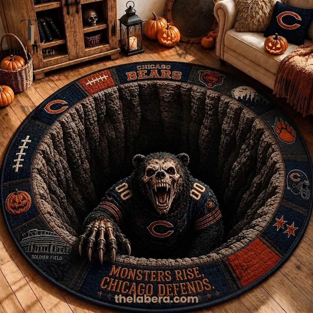 Chicago Bears Halloween Rug Skeleton Bear Navy Orange Snarl Defense