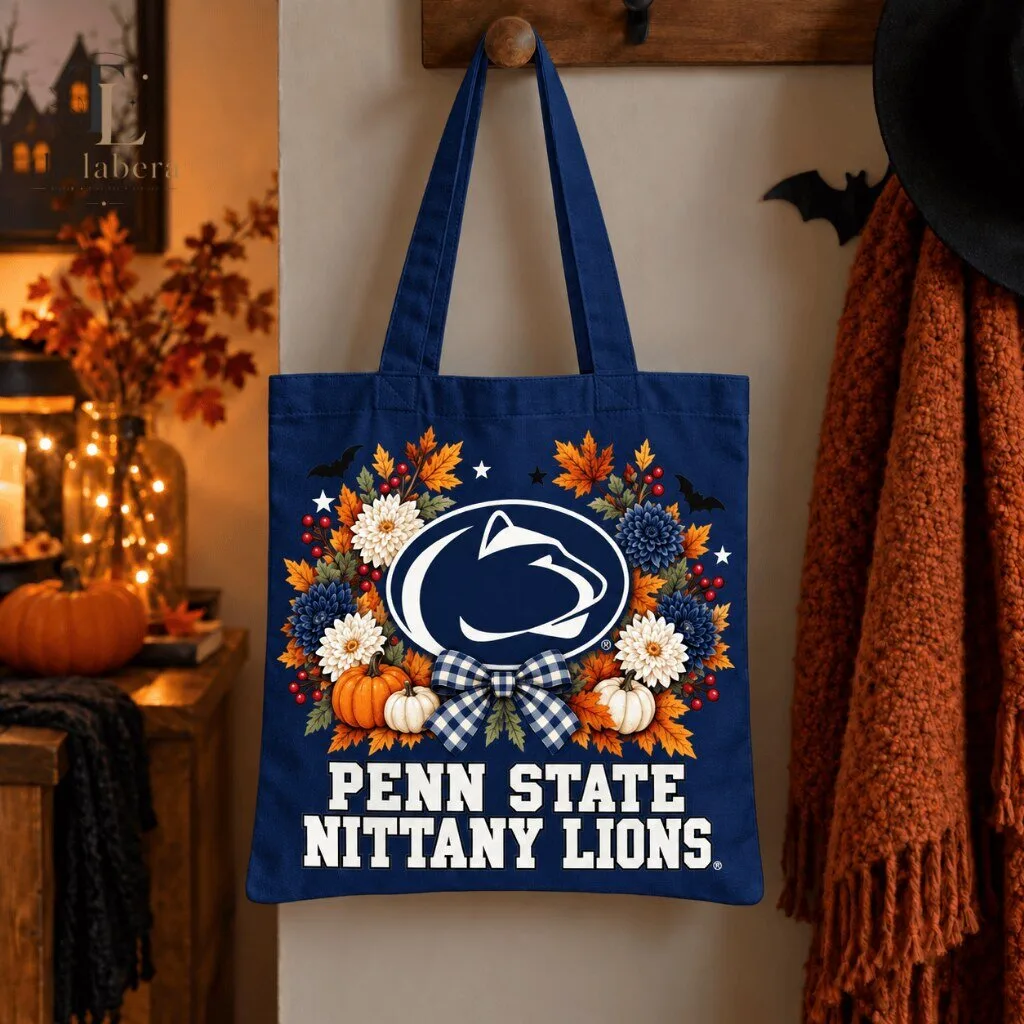Penn State Nittany Lions Autumn Traditions Canvas Tote Bag Navy Blue 5 Navy blue canvas tote with Penn State white lion head logo autumn leaf wreath and lettering