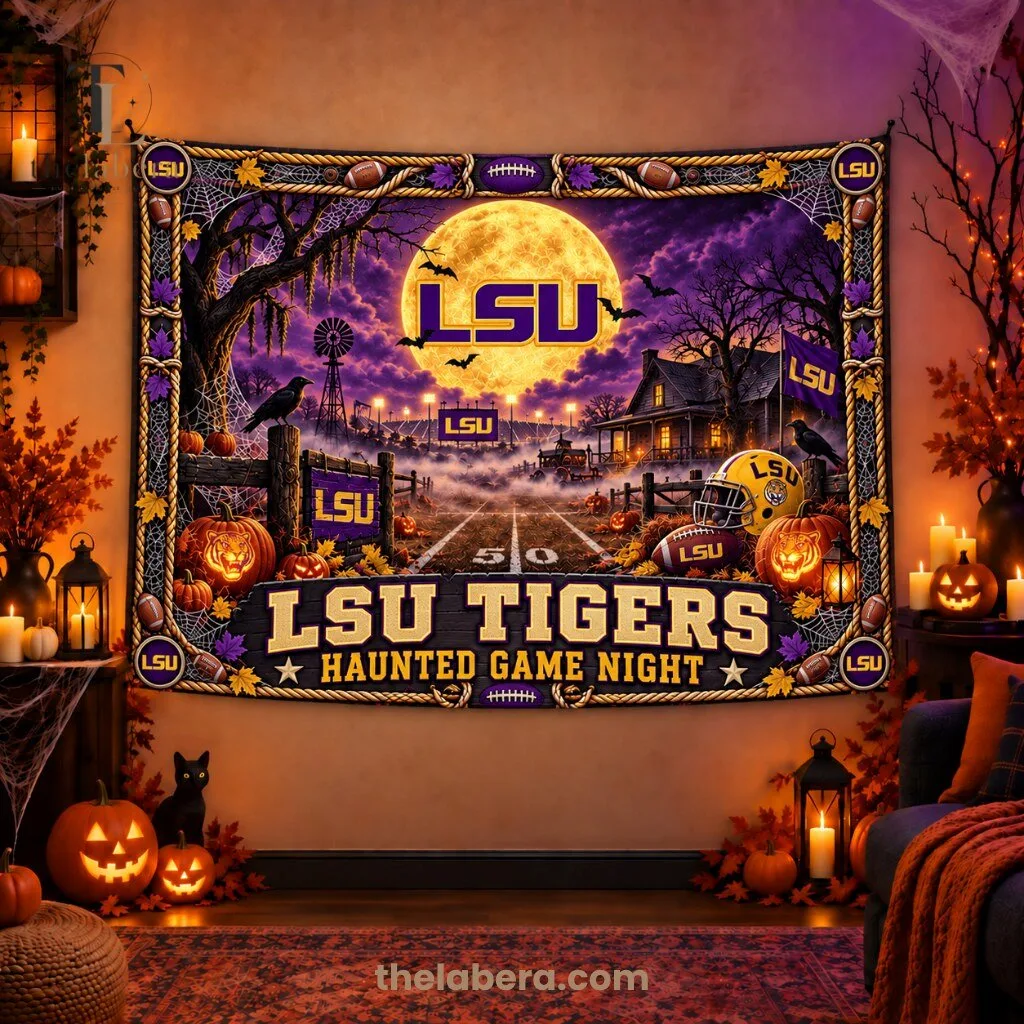LSU Tigers Haunted Game Night Banner Purple Gold Halloween 5 LSU Tigers haunted game night banner with purple and gold colors, full moon, spiderwebs, pumpkins, football helmets and decorative rope border