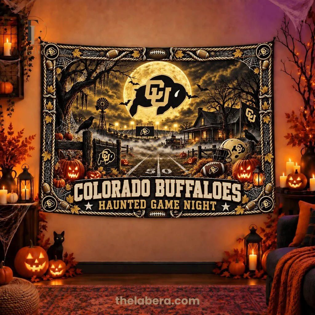 Colorado Buffaloes Haunted Game Night Banner Gold Black Halloween 5 Colorado Buffaloes haunted game night banner with gold and black, full moon, buffalo head logo in corners, pumpkins and football