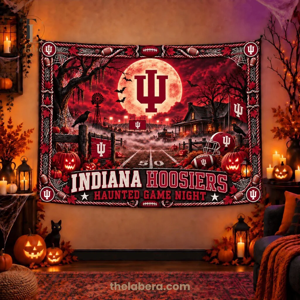 Indiana Hoosiers Haunted Game Night Banner Crimson White Halloween 5 Indiana Hoosiers haunted game night banner with crimson and white, full moon, IU trident logo in corners, pumpkins and rope border