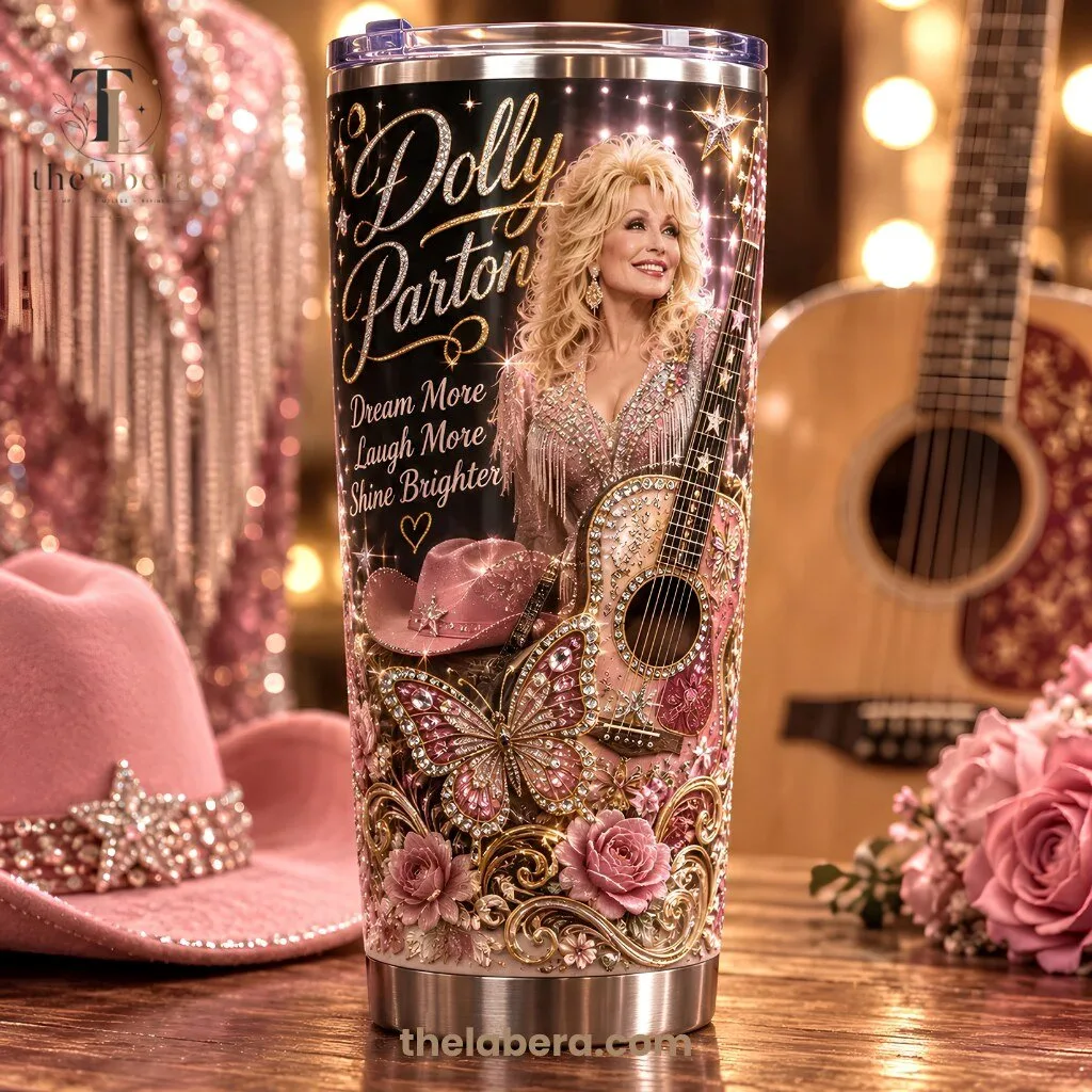 Dolly Parton Dream More Laugh More Shine Brighter Luxury Tumbler Black Rose Gold