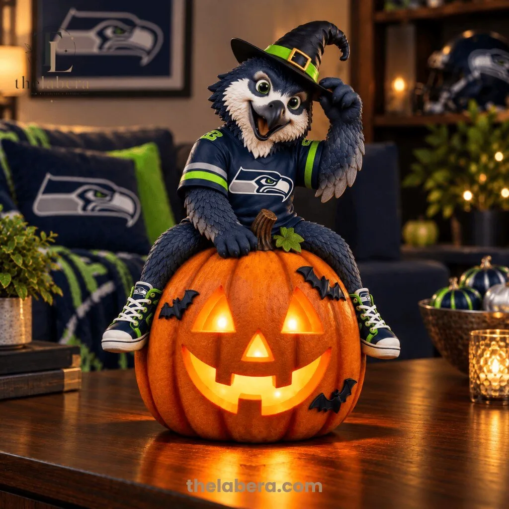 Seattle Seahawks Halloween Mascot Sitting on Illuminated Jack O Lantern Pumpkin
