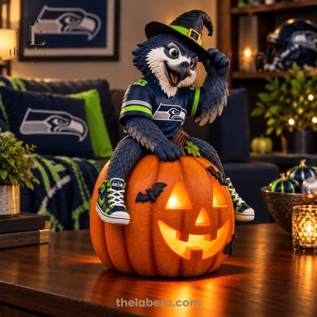 Seattle Seahawks Halloween Mascot Sitting on Illuminated Jack O Lantern Pumpkin 8 Seattle Seahawks mascot figurine in navy blue jersey with neon green stripes sitting on glowing jack o lantern, witch hat, black sneakers