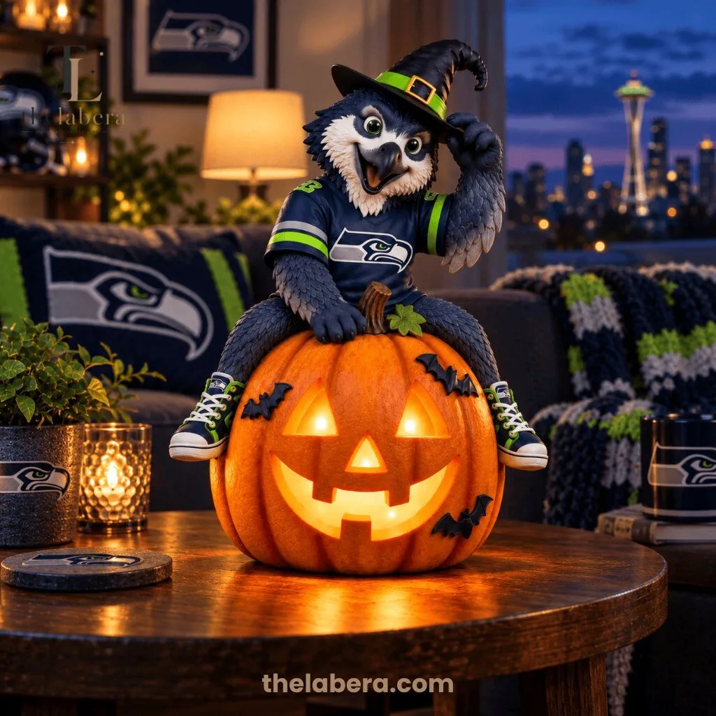 Seattle Seahawks Halloween Mascot Sitting on Illuminated Jack O Lantern Pumpkin 9 Seattle Seahawks mascot figurine in navy blue jersey with neon green stripes sitting on glowing jack o lantern, witch hat, black sneakers