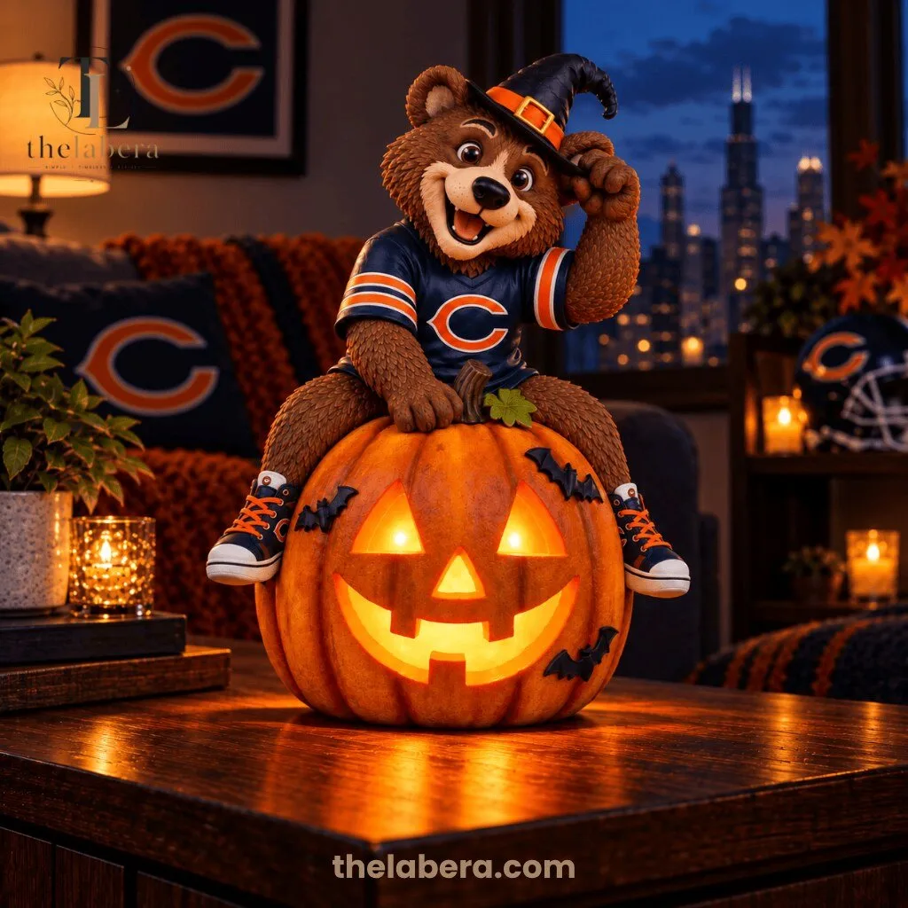 Chicago Bears Halloween Mascot Sitting on Illuminated Jack O Lantern Pumpkin 3 Chicago Bears Halloween Mascot Sitting on Illuminated Jack O Lantern Pumpkin