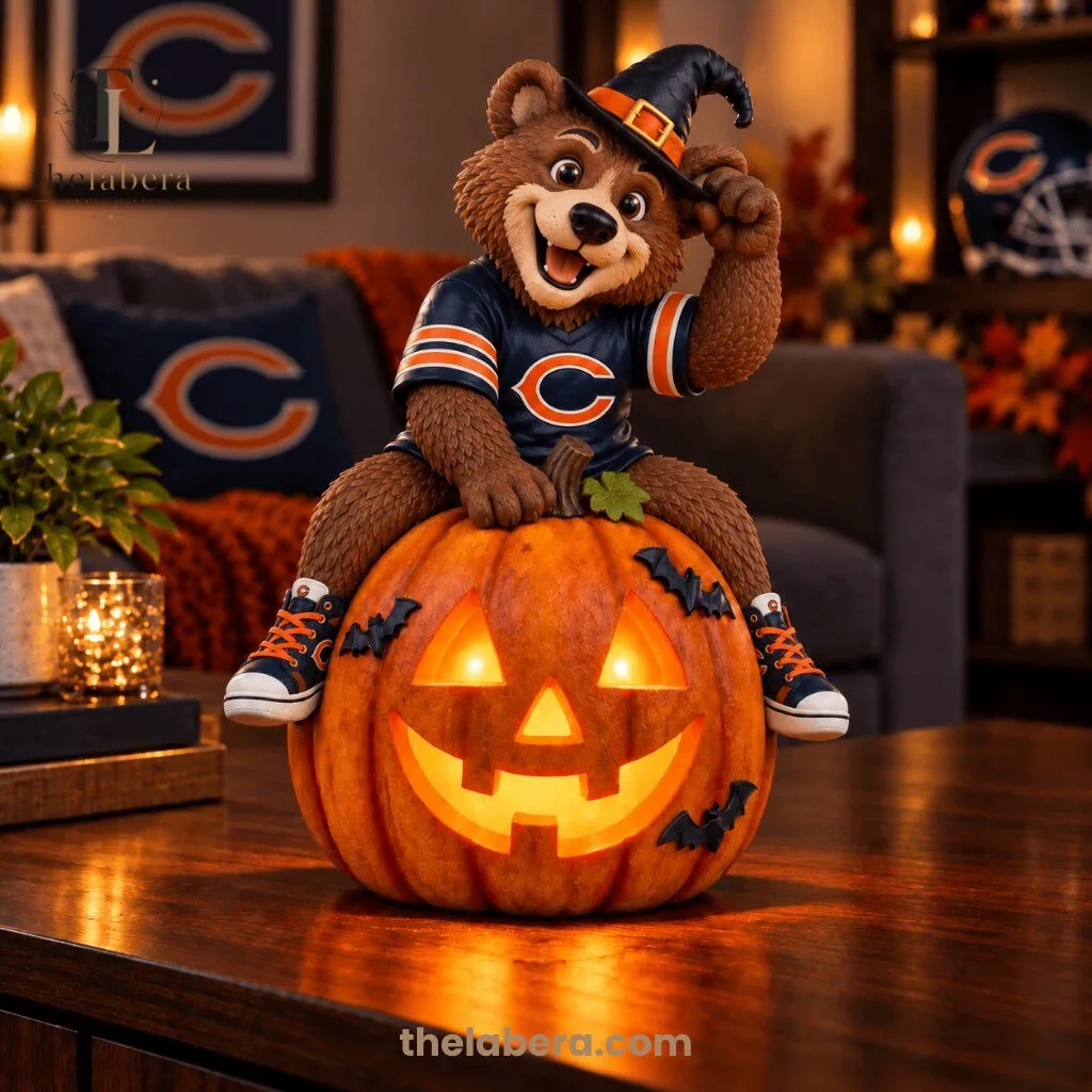 Chicago Bears Halloween Mascot Sitting on Illuminated Jack O Lantern Pumpkin
