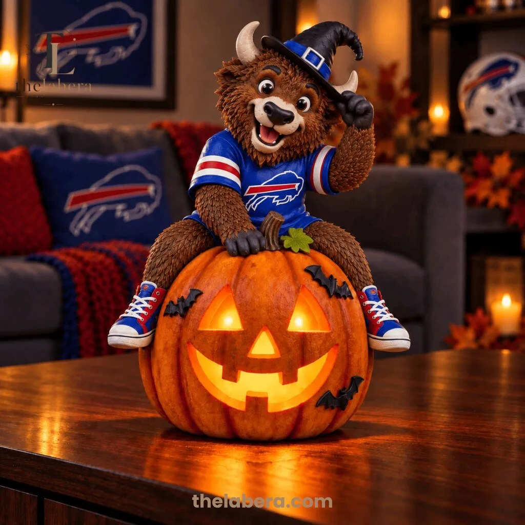 Buffalo Bills Halloween Mascot Sitting on Illuminated Jack O Lantern Pumpkin