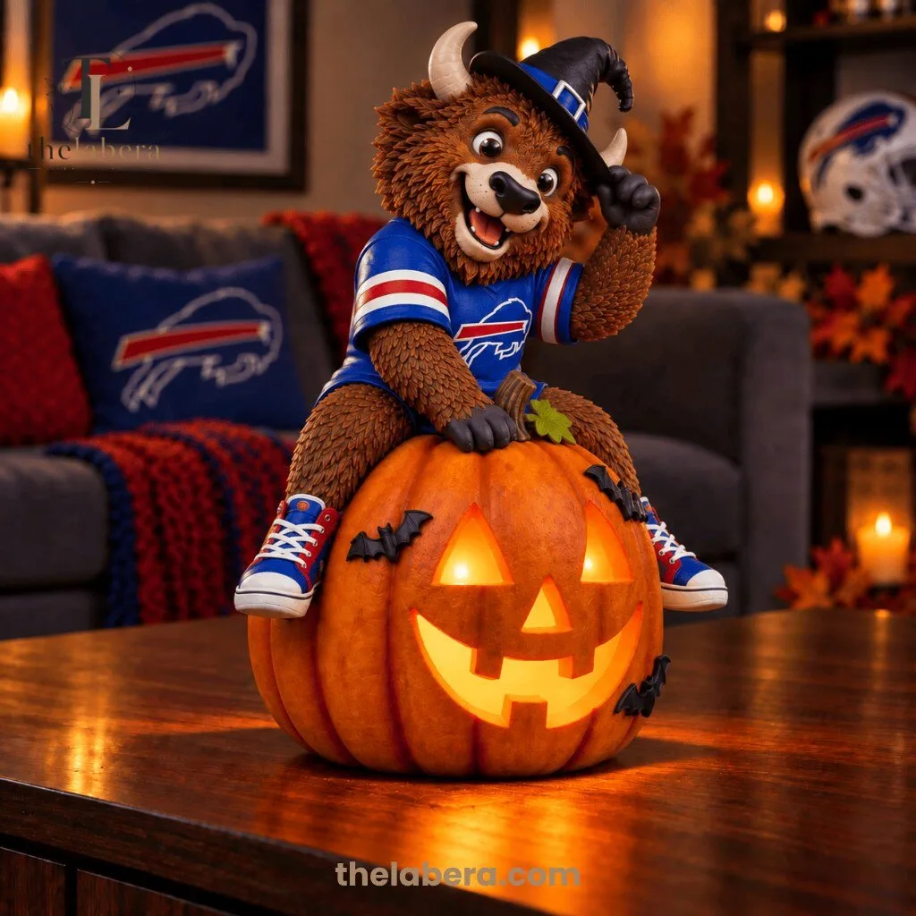 Buffalo Bills Halloween Mascot Sitting on Illuminated Jack O Lantern Pumpkin