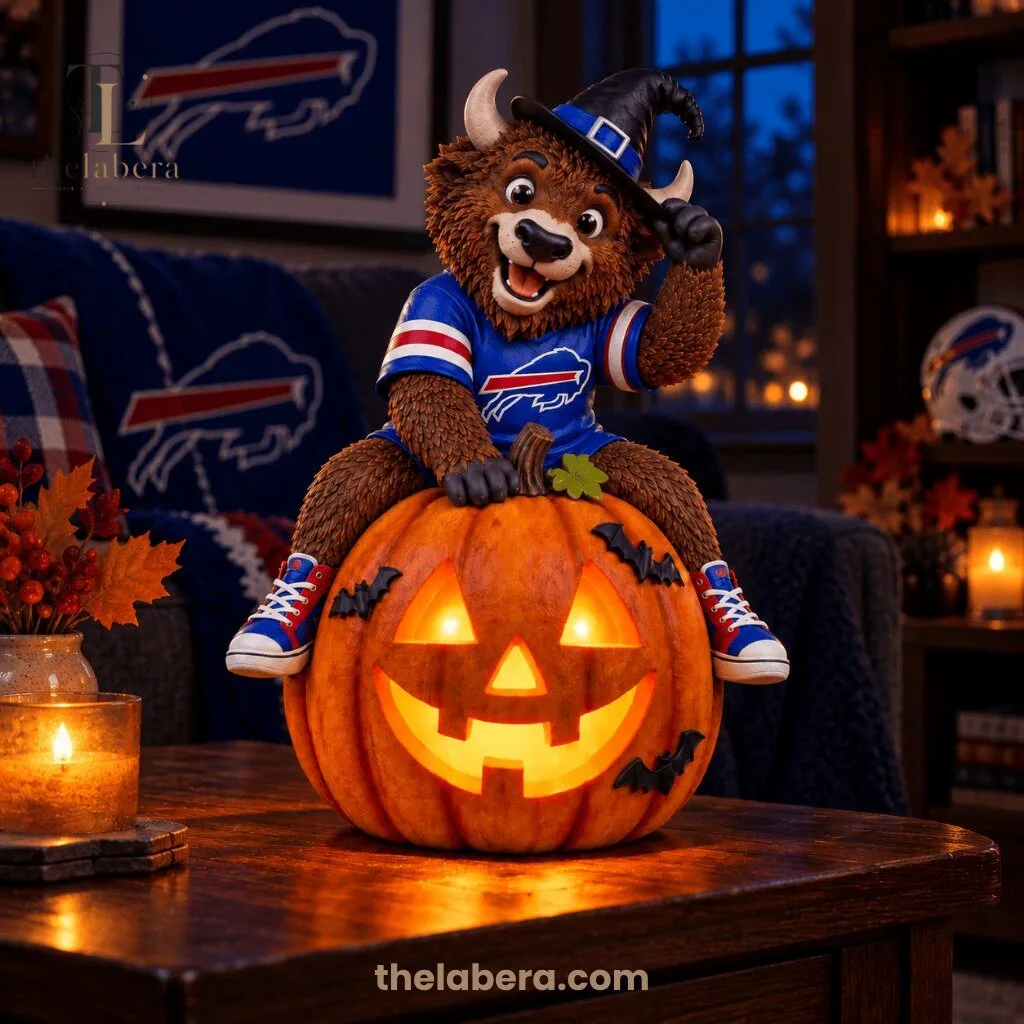 Buffalo Bills Halloween Mascot Sitting on Illuminated Jack O Lantern Pumpkin 9 Buffalo Bills mascot figurine in royal blue jersey with red stripes sitting on glowing jack o lantern, witch hat with horns, black sneakers