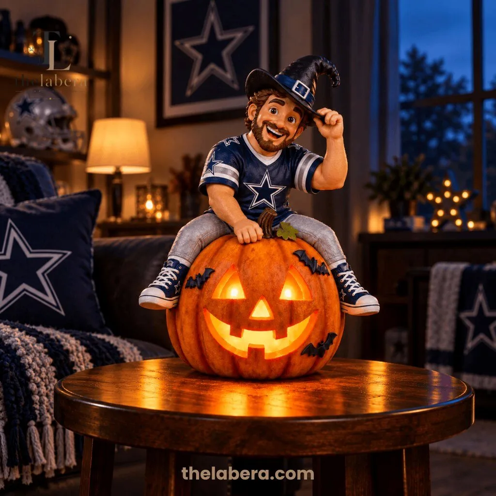 Dallas Cowboys Halloween Mascot Cowboy Sitting on Illuminated Jack O Lantern Pumpkin 4 Dallas Cowboys Halloween Mascot Cowboy Sitting on Illuminated Jack O Lantern Pumpkin