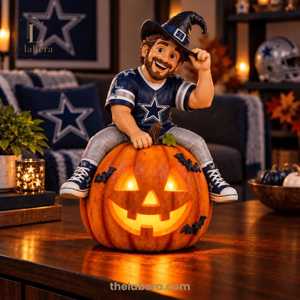 Dallas Cowboys Halloween Mascot Cowboy Sitting on Illuminated Jack O Lantern Pumpkin