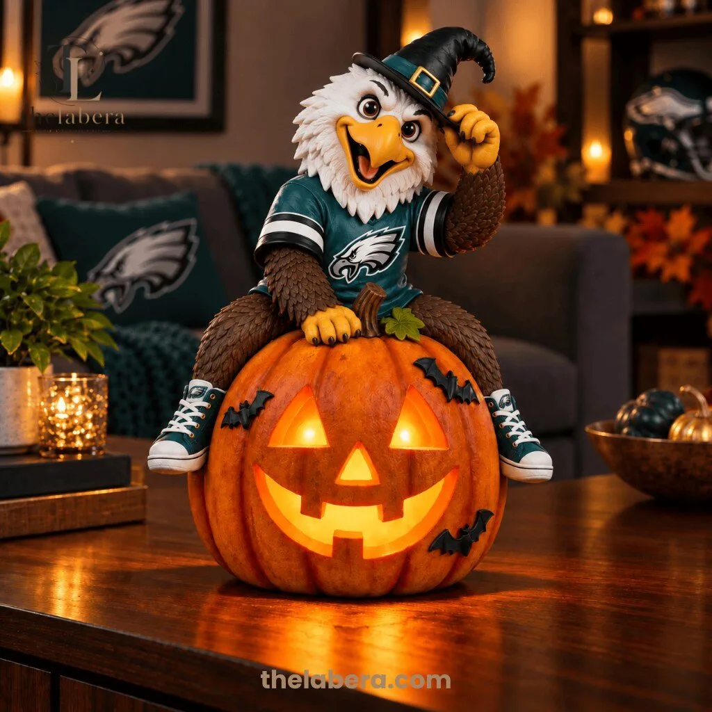 Philadelphia Eagles Halloween Mascot Sitting on Illuminated Jack O Lantern Pumpkin 7 Philadelphia Eagles mascot figurine in forest green jersey sitting on glowing jack o lantern, witch hat, white head with yellow beak, sneakers
