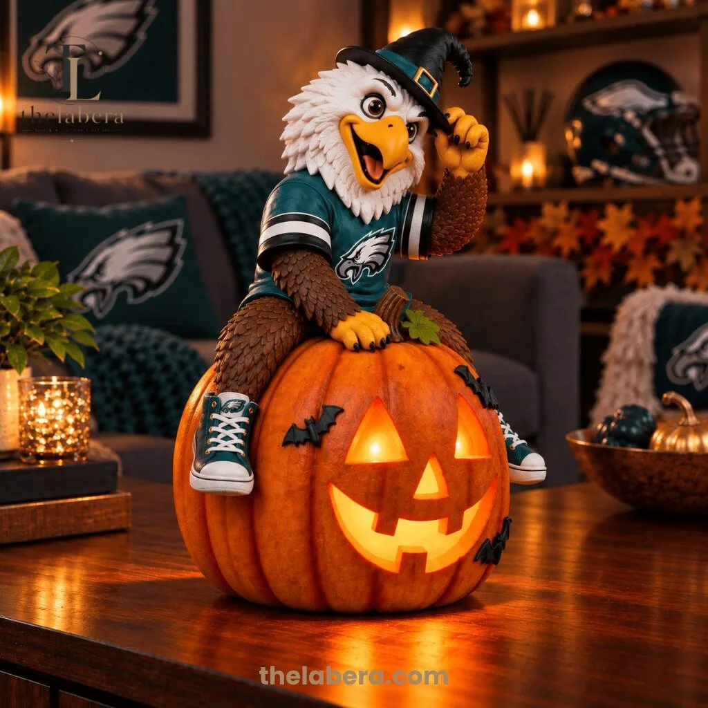 Philadelphia Eagles Halloween Mascot Sitting on Illuminated Jack O Lantern Pumpkin 8 Philadelphia Eagles mascot figurine in forest green jersey sitting on glowing jack o lantern, witch hat, white head with yellow beak, sneakers