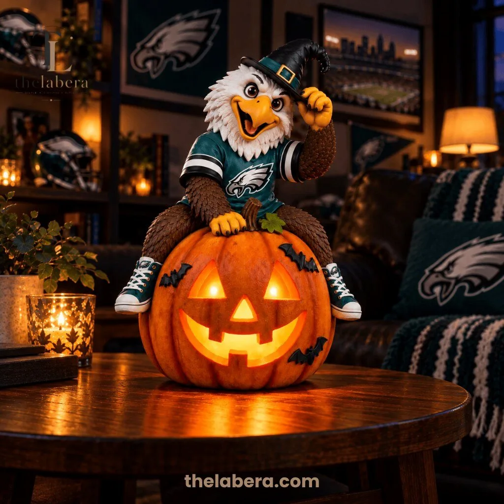 Philadelphia Eagles Halloween Mascot Sitting on Illuminated Jack O Lantern Pumpkin 9 Philadelphia Eagles mascot figurine in forest green jersey sitting on glowing jack o lantern, witch hat, white head with yellow beak, sneakers