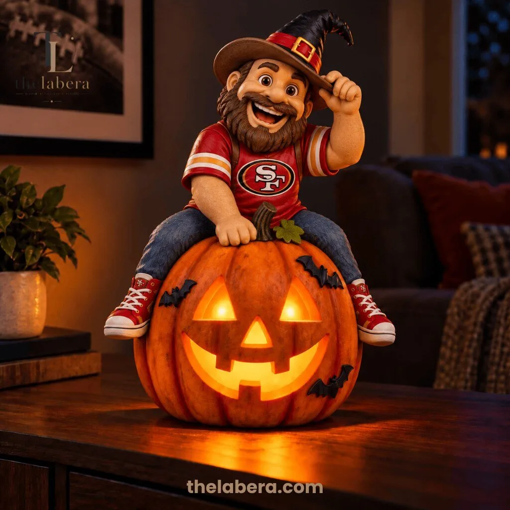 San Francisco 49ers Witch Hat Fan Sitting on Glowing Jack-o-Lantern Halloween Figurine 3 San Francisco 49ers Witch Hat Fan Sitting on Glowing Jack-o-Lantern Halloween Figurine