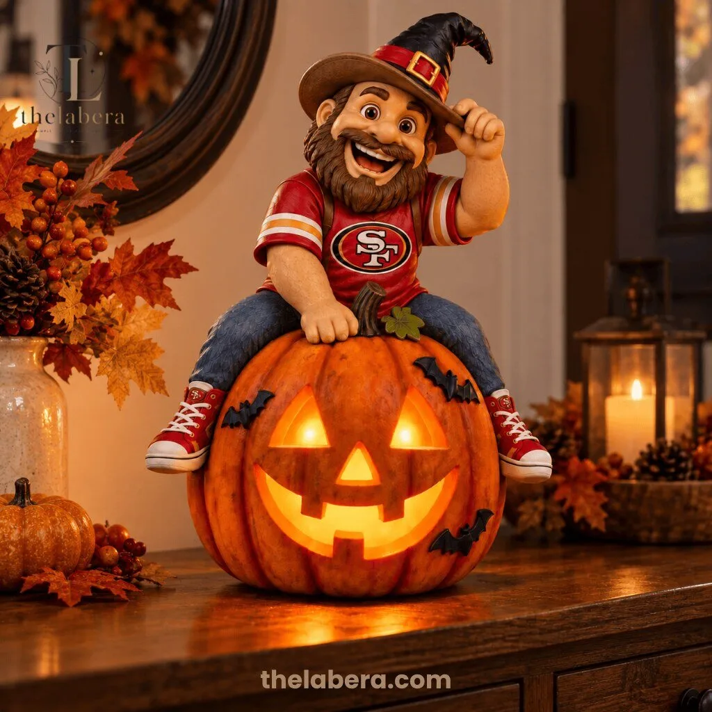 San Francisco 49ers Witch Hat Fan Sitting on Glowing Jack-o-Lantern Halloween Figurine 8 San Francisco 49ers Halloween figurine of a bearded fan in a witch hat sitting on a glowing jack-o-lantern on a wood console
