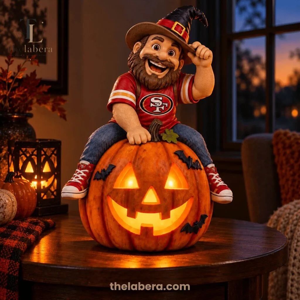 San Francisco 49ers Witch Hat Fan Sitting on Glowing Jack-o-Lantern Halloween Figurine 9 San Francisco 49ers Halloween figurine of a bearded fan in a witch hat sitting on a glowing jack-o-lantern on a wood console