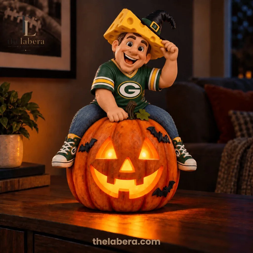 Green Bay Packers Cheesehead Witch Hat Fan Sitting on Glowing Jack-o-Lantern Halloween Figurine 3 Green Bay Packers Cheesehead Witch Hat Fan Sitting on Glowing Jack-o-Lantern Halloween Figurine