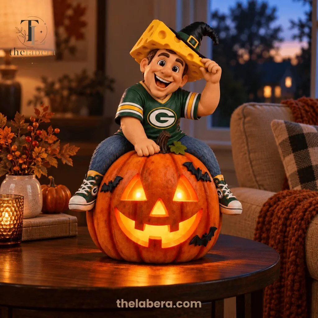 Green Bay Packers Cheesehead Witch Hat Fan Sitting on Glowing Jack-o-Lantern Halloween Figurine