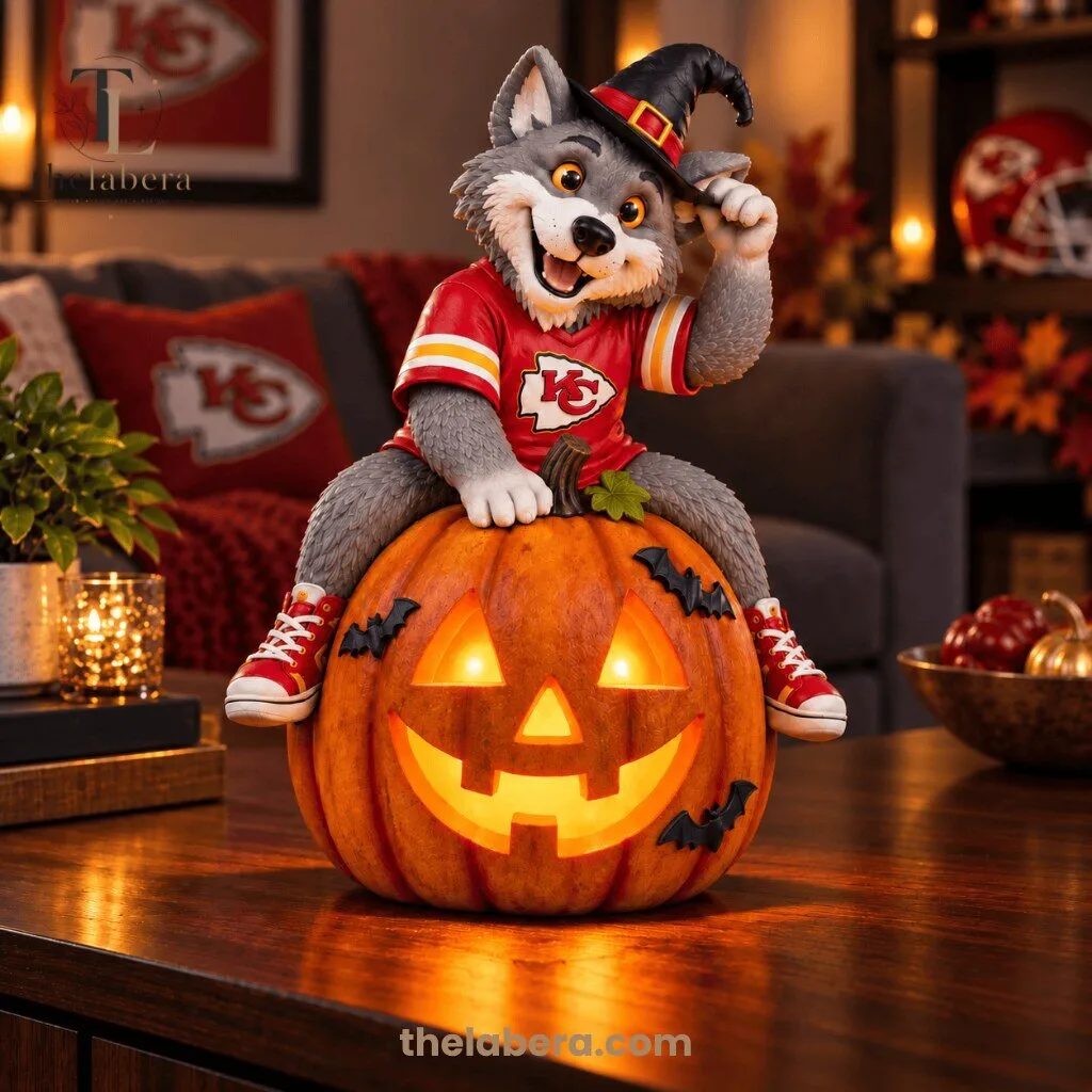 Kansas City Chiefs Wolf Mascot Witch Hat Sitting on Glowing Jack-o-Lantern Halloween Figurine