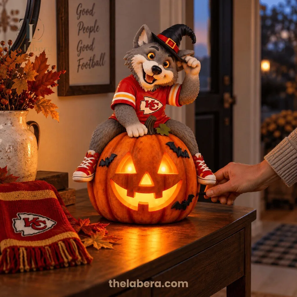 Kansas City Chiefs Wolf Mascot Witch Hat Sitting on Glowing Jack-o-Lantern Halloween Figurine