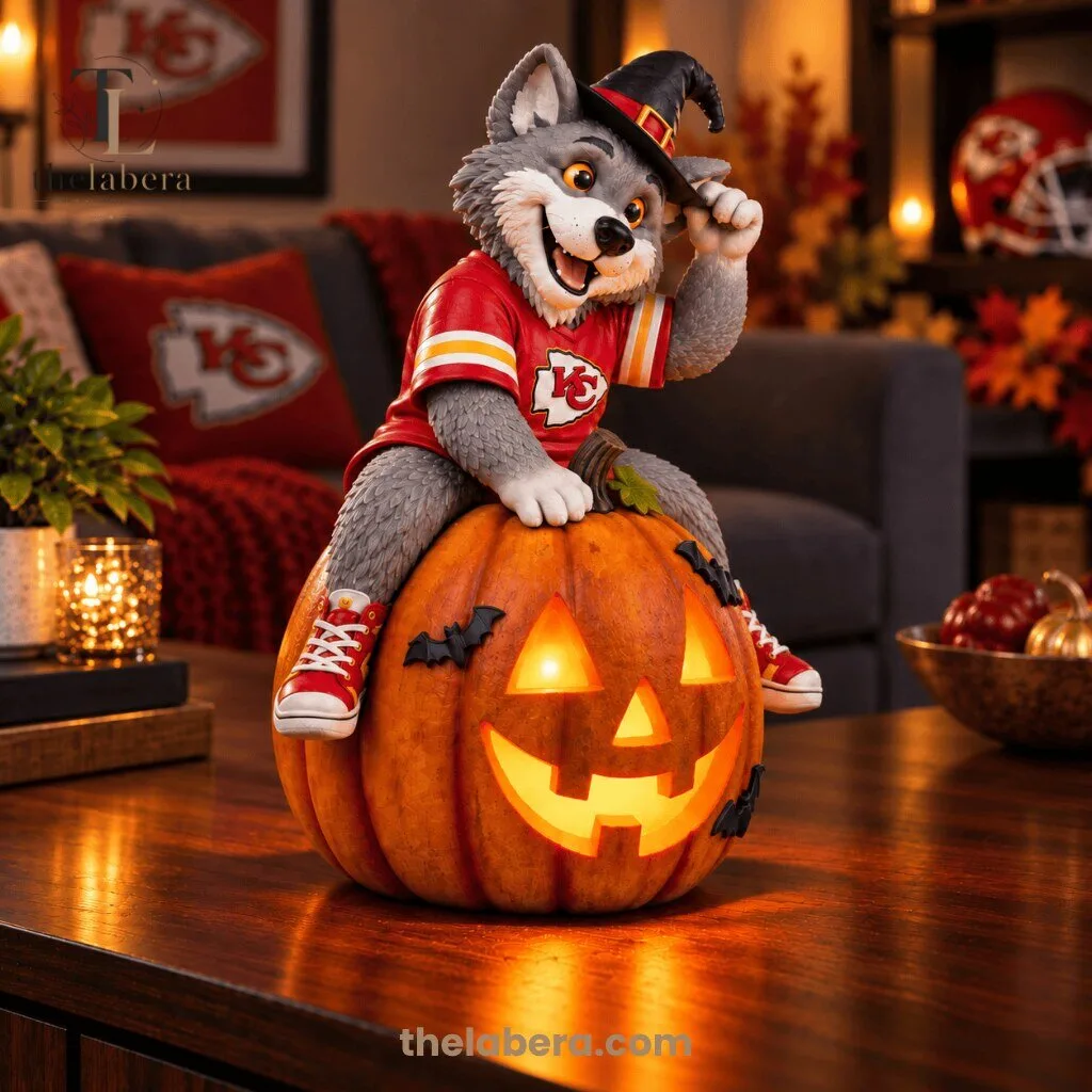 Kansas City Chiefs Wolf Mascot Witch Hat Sitting on Glowing Jack-o-Lantern Halloween Figurine 9 Kansas City Chiefs Halloween figurine of a gray wolf in a witch hat and red KC jersey sitting on a glowing jack-o-lantern