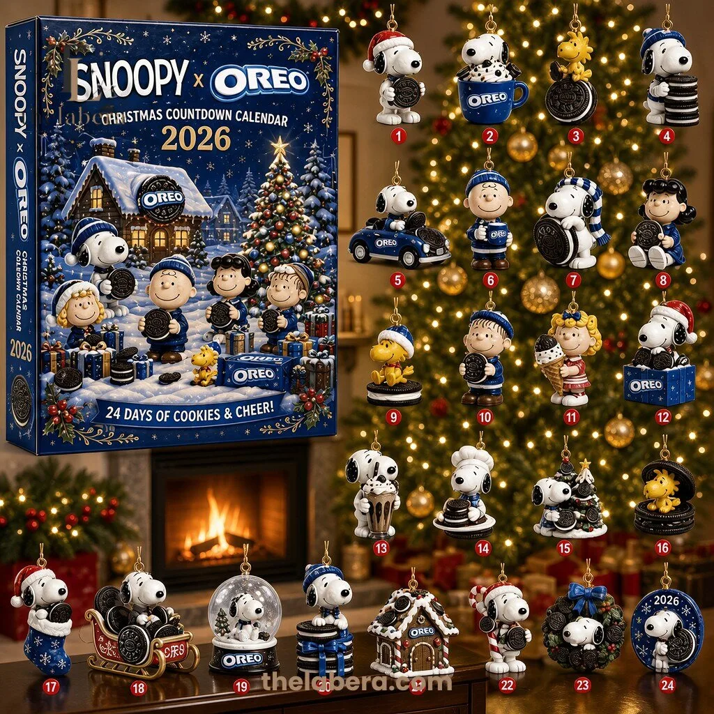 Snoopy Oreo Christmas Countdown Calendar 2026 with 24 Collectible Ornaments 5 Snoopy Oreo advent calendar box showing snowy cottage and characters with 24 numbered collectible ornaments arranged on display