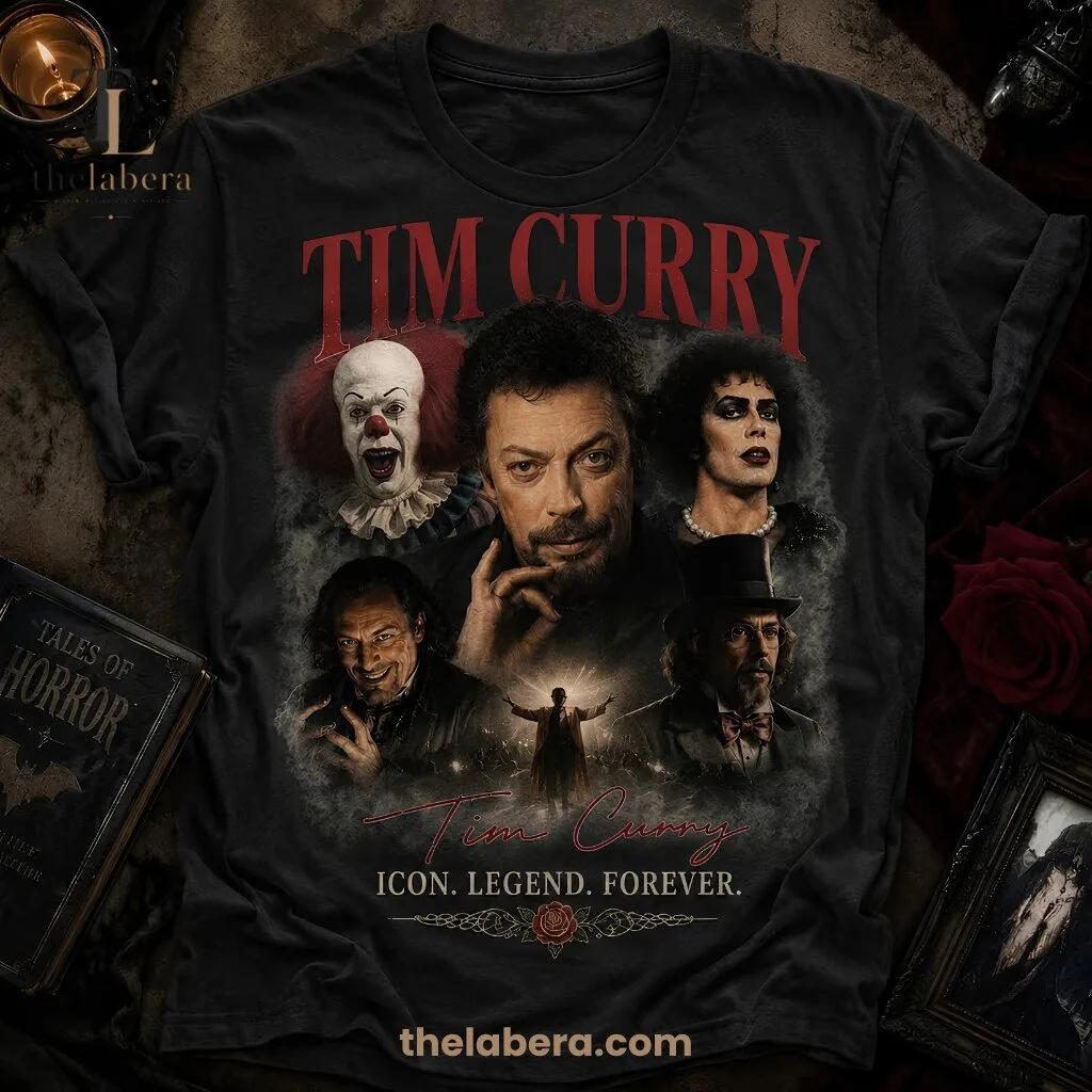 Tim Curry Icon Legend Forever Tribute T-Shirt 6 Black cotton t-shirt with Tim Curry tribute graphic showing multiple character roles and text Icon Legend Forever