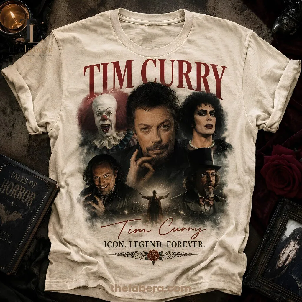 Tim Curry Icon Legend Forever Tribute T-Shirt 7 Black cotton t-shirt with Tim Curry tribute graphic showing multiple character roles and text Icon Legend Forever