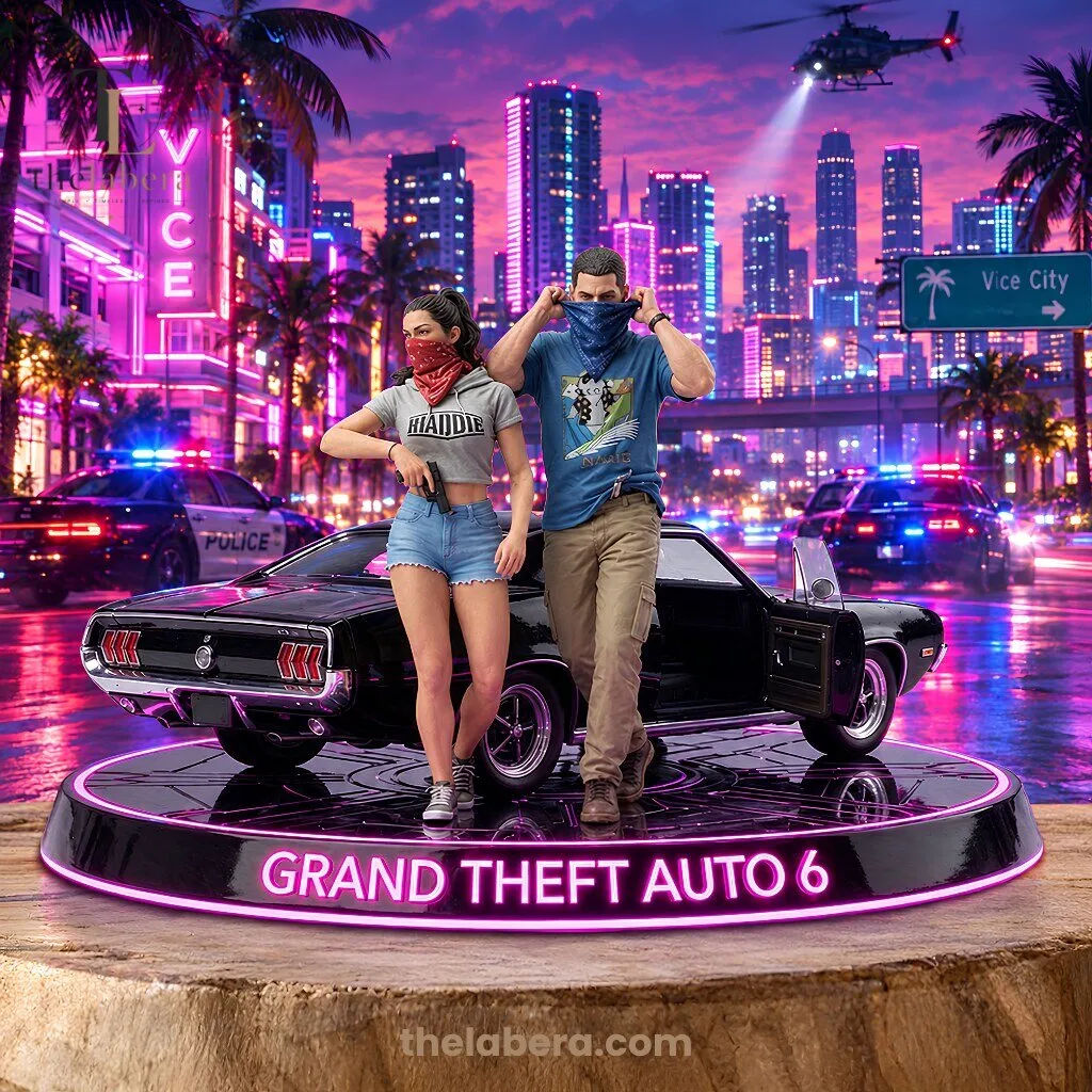 "Must-Have Collectibles: Dolly Parton Apparel and GTA 6 Figures" 4 GTA 6 Vice City Collectible Figure Set with Neon Platform Base