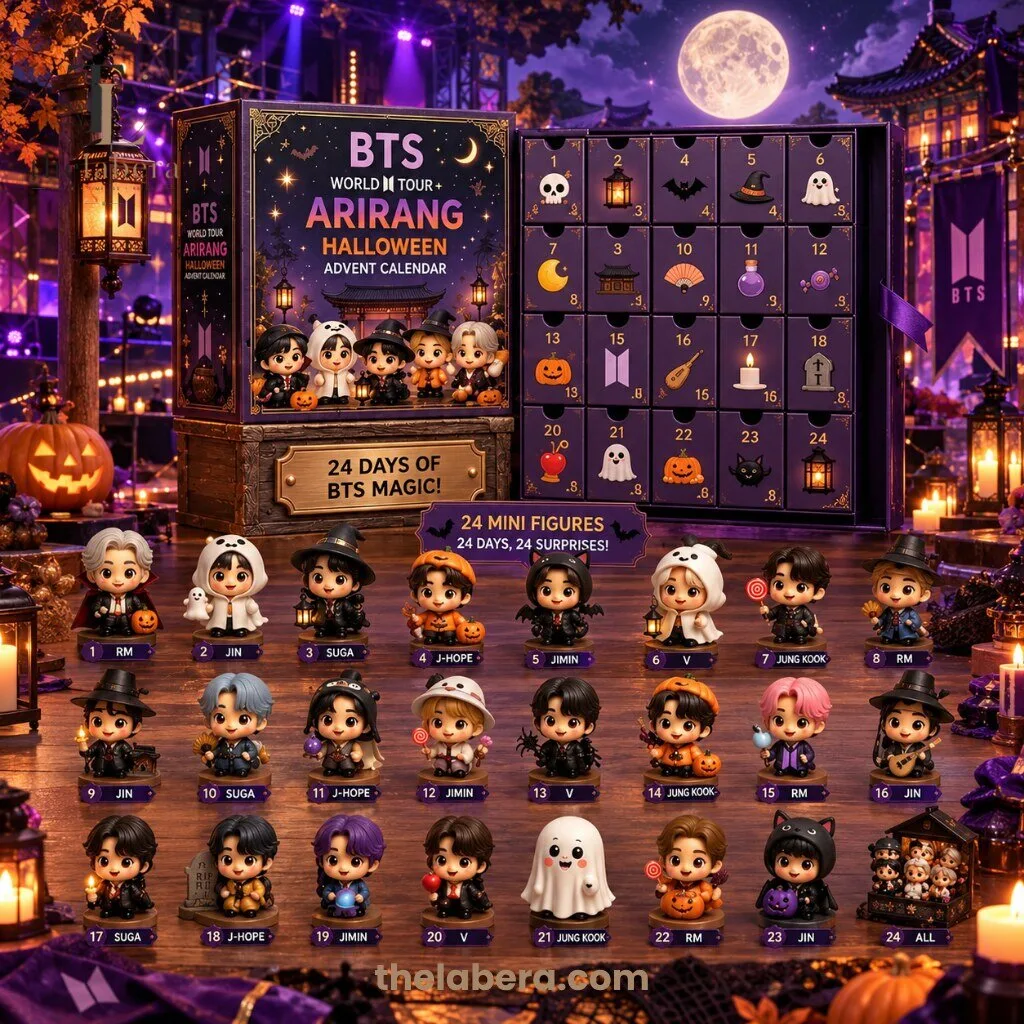 BTS World Tour Arirang Halloween Advent Calendar 24 Mini Figures 24 Days Surprises 7 Purple advent calendar with 24 numbered doors featuring BTS member mini figures in Halloween costumes and themed icons