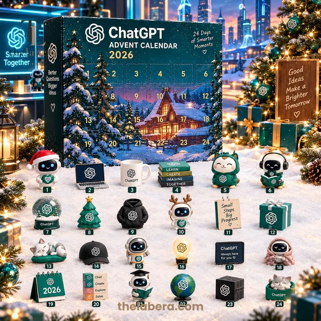 ChatGPT Advent Calendar 2026 24 Days of Smarter Moments 8 ChatGPT advent calendar 2026 with teal box, numbered gold doors 1-24, snowy village scene and neon blue ChatGPT logo