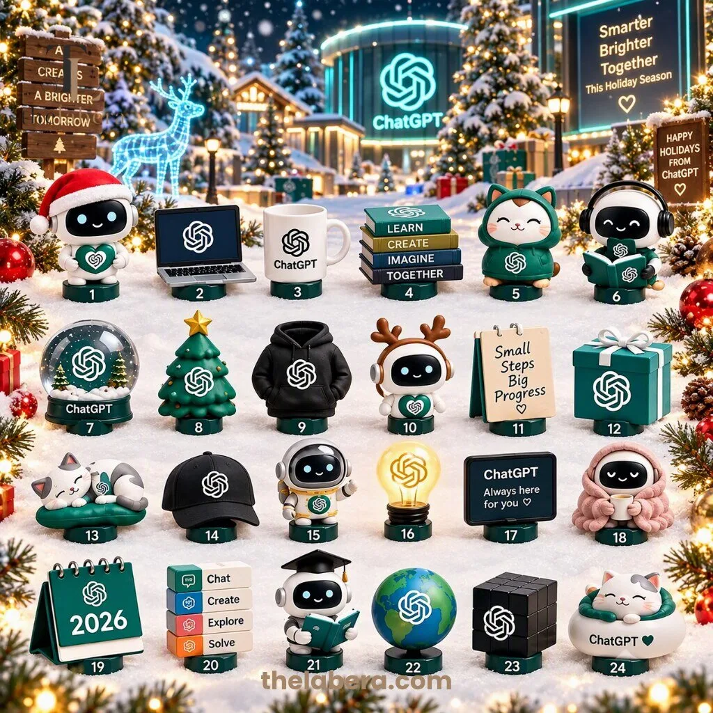 ChatGPT Advent Calendar 2026 24 Days of Smarter Moments 9 ChatGPT advent calendar 2026 with teal box, numbered gold doors 1-24, snowy village scene and neon blue ChatGPT logo
