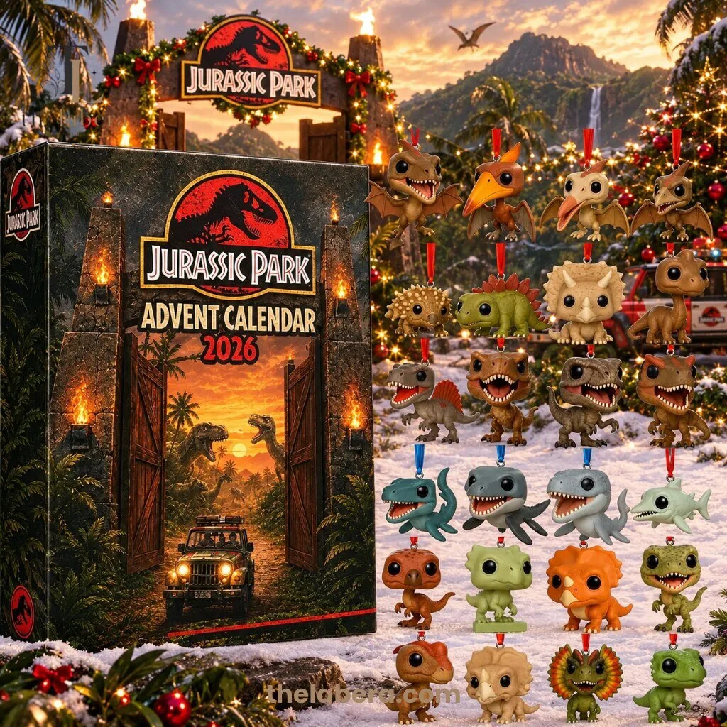 Jurassic Park Advent Calendar 2026 24 Dinosaur Figures 7 Jurassic Park advent calendar 2026 black box with red T-Rex logo, stone gateway entrance, tropical jungle scene and glowing torches