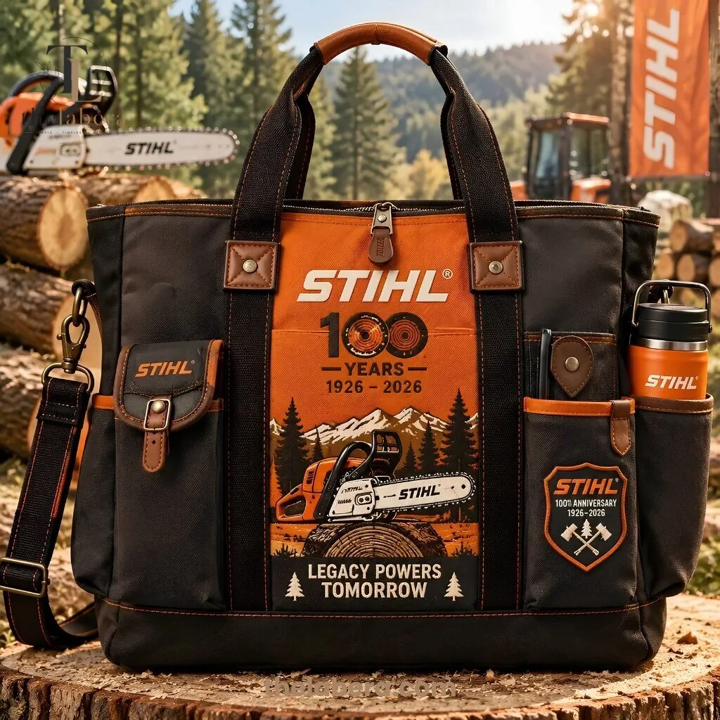 STIHL 100 Years Anniversary Canvas Work Tote Bag Black Orange 1926-2026 8 STIHL 100 years anniversary tote bag with chainsaw and mountain design, black canvas with orange accent panel, leather handles