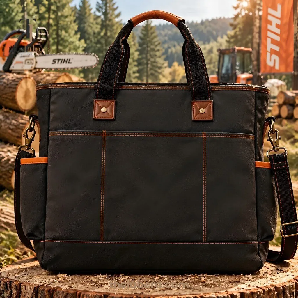STIHL 100 Years Anniversary Canvas Work Tote Bag Black Orange 1926-2026 9 STIHL 100 years anniversary tote bag with chainsaw and mountain design, black canvas with orange accent panel, leather handles
