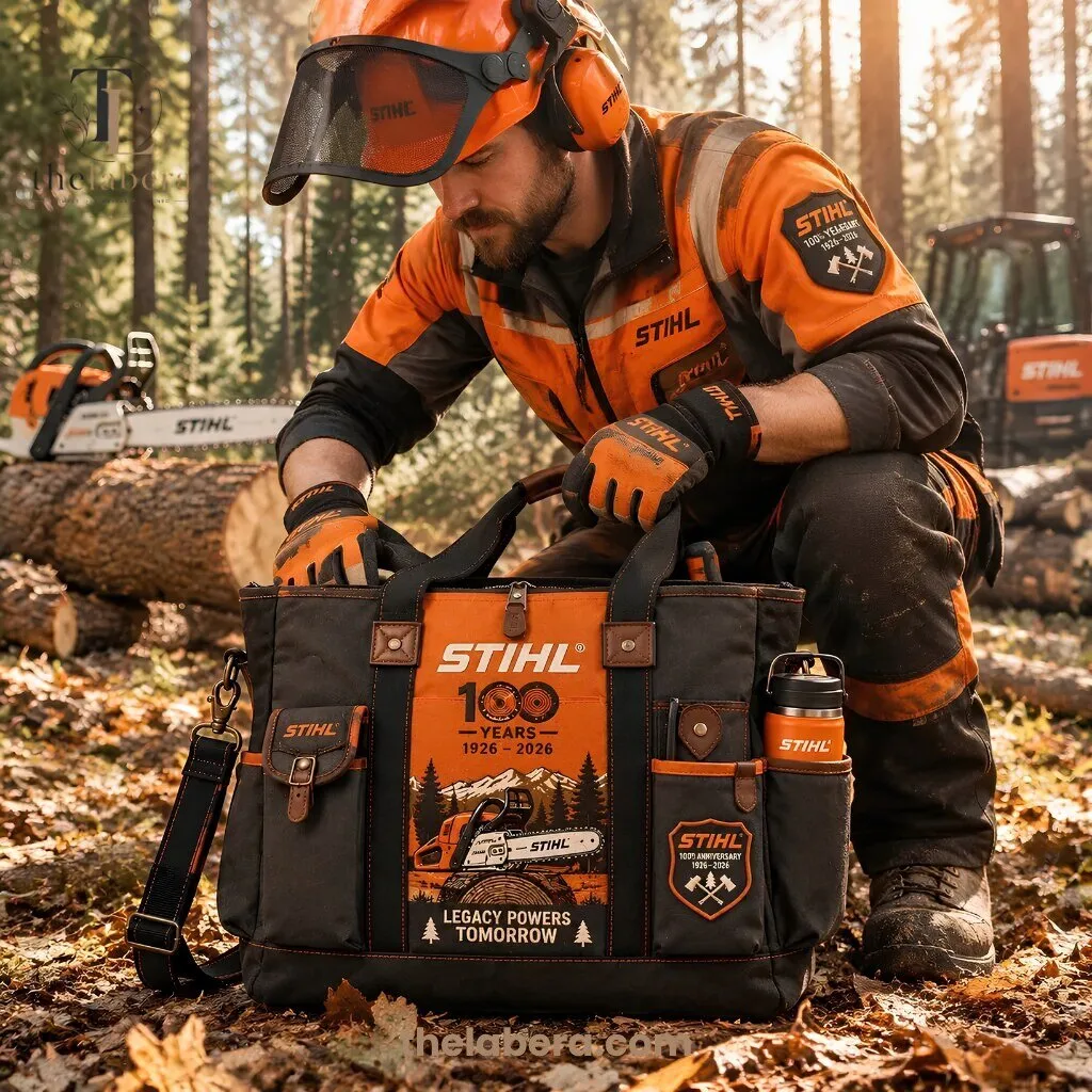 STIHL 100 Years Anniversary Canvas Work Tote Bag Black Orange 1926-2026 10 STIHL 100 years anniversary tote bag with chainsaw and mountain design, black canvas with orange accent panel, leather handles