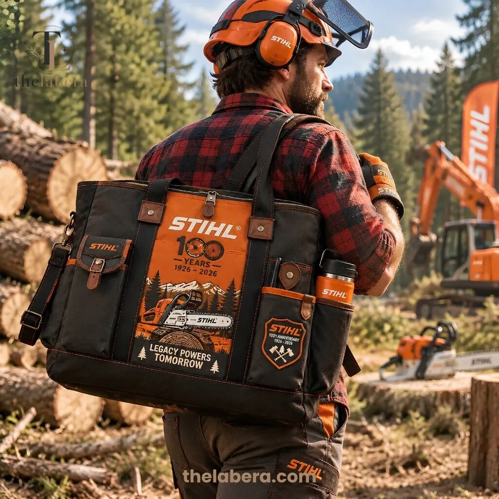 STIHL 100 Years Anniversary Canvas Work Tote Bag Black Orange 1926-2026 11 STIHL 100 years anniversary tote bag with chainsaw and mountain design, black canvas with orange accent panel, leather handles